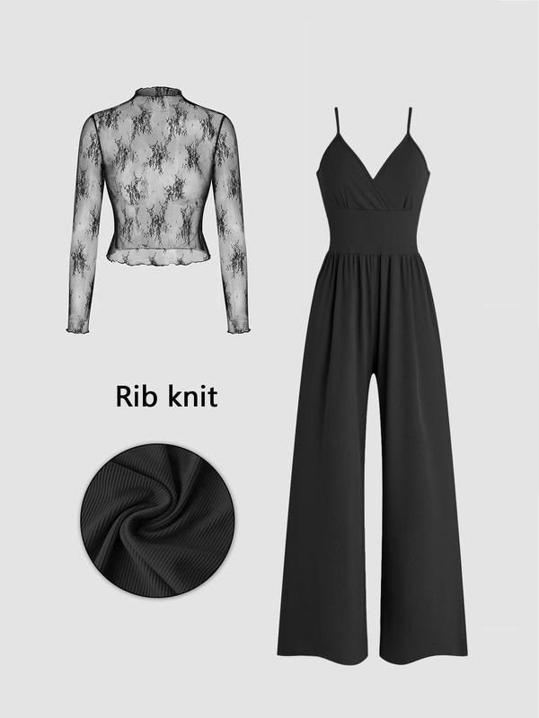 Two-piece set for women: lace top and jumpsuit with pockets